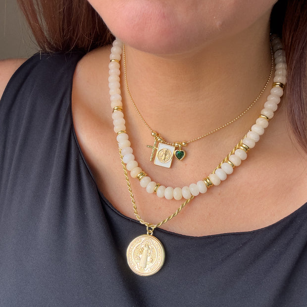 Light Cream Morganite Beads Necklace or St Benedict Golden Rope Necklace
