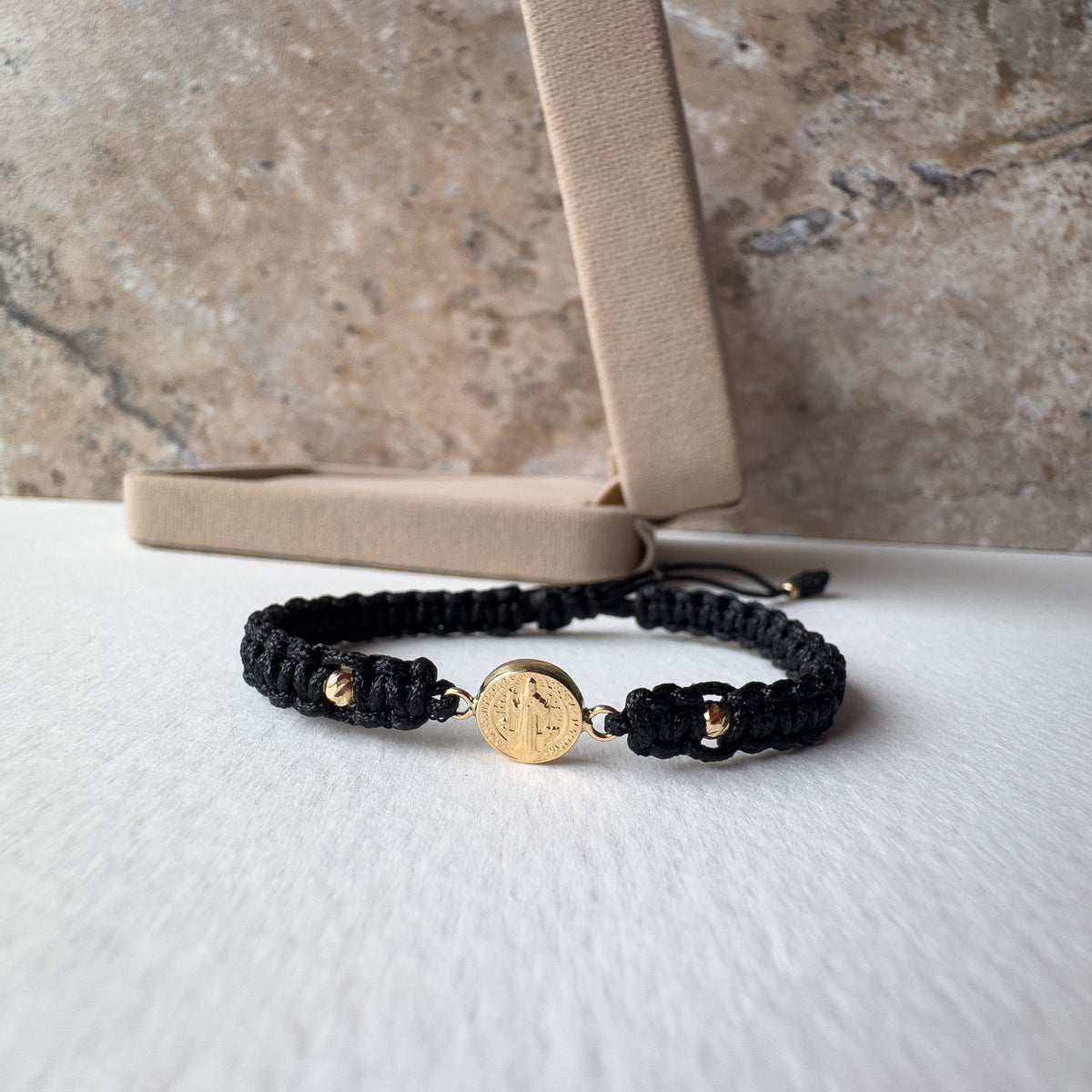 St Bendict 18K Solid Gold in Black String Bracelet