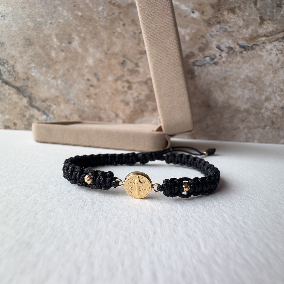 St Bendict 18K Solid Gold in Black String Bracelet