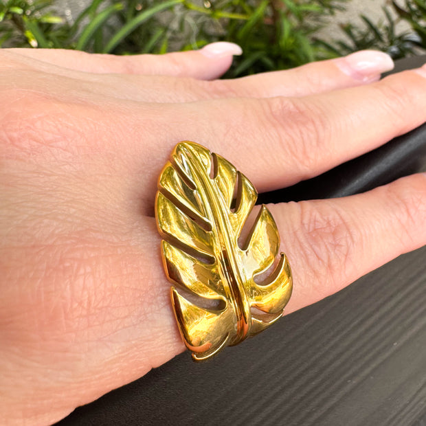 Stainless Steel Ring Golden Leaf Shape
