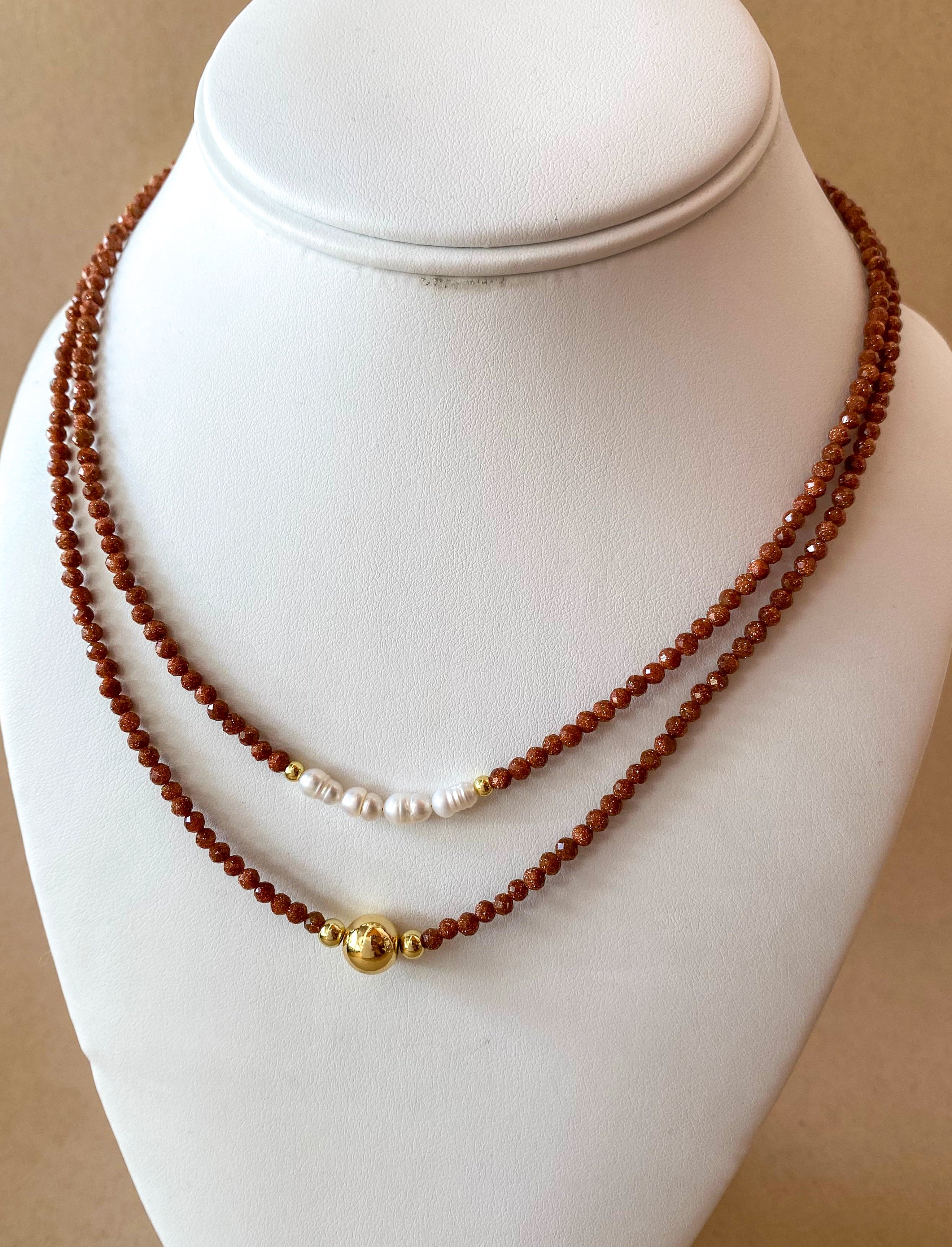 Brown Little Shiny Crystals Pearl & Golden Necklaces