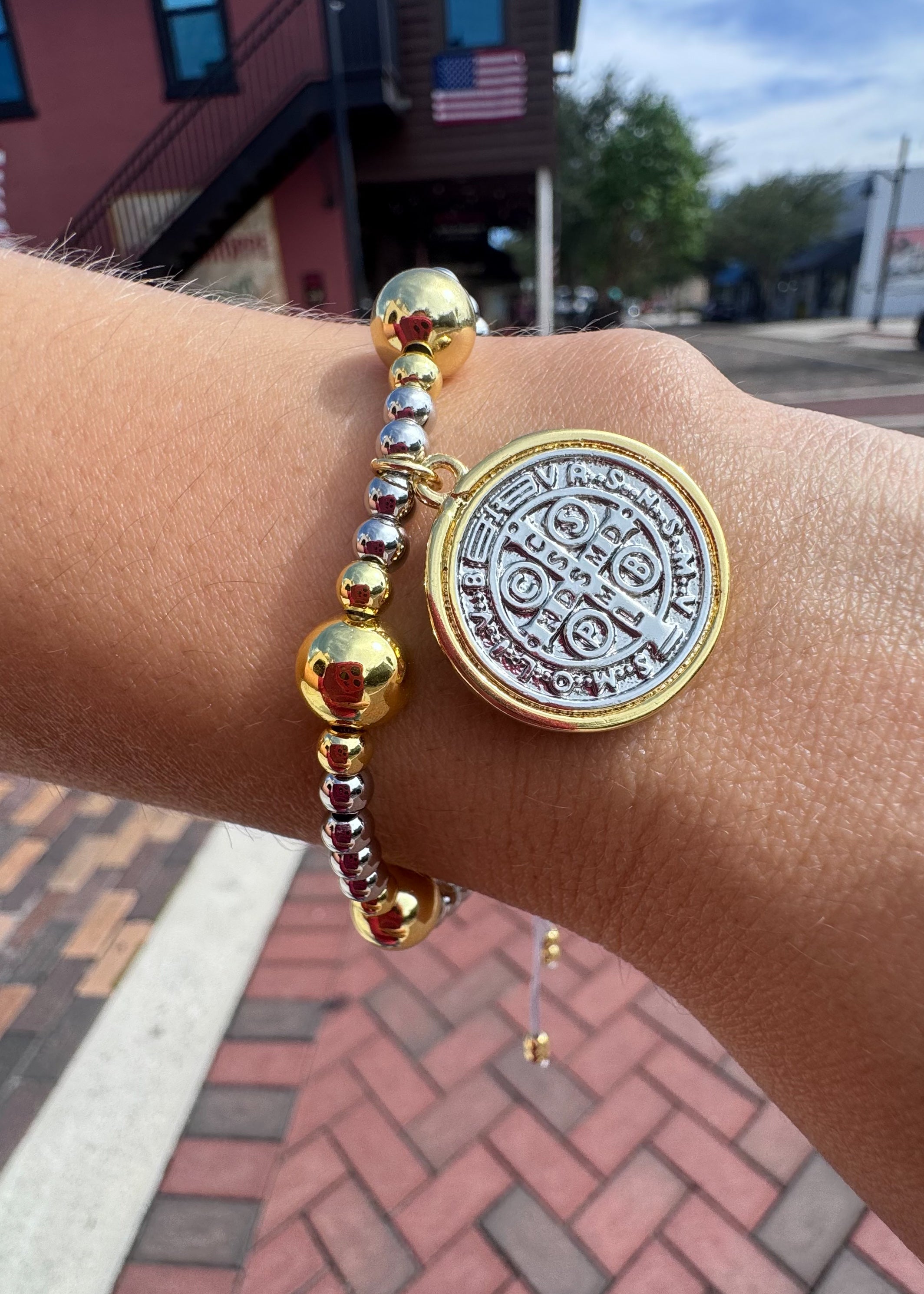 Silver and Gold St Benedict Balls Adjustable Bracelet