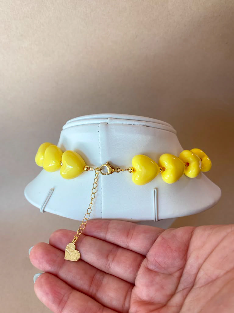 Yellow Ceramic Hearts Pattern Necklace