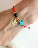 Load image into Gallery viewer, Red Azabache Bracelet with Hand and Cross charm
