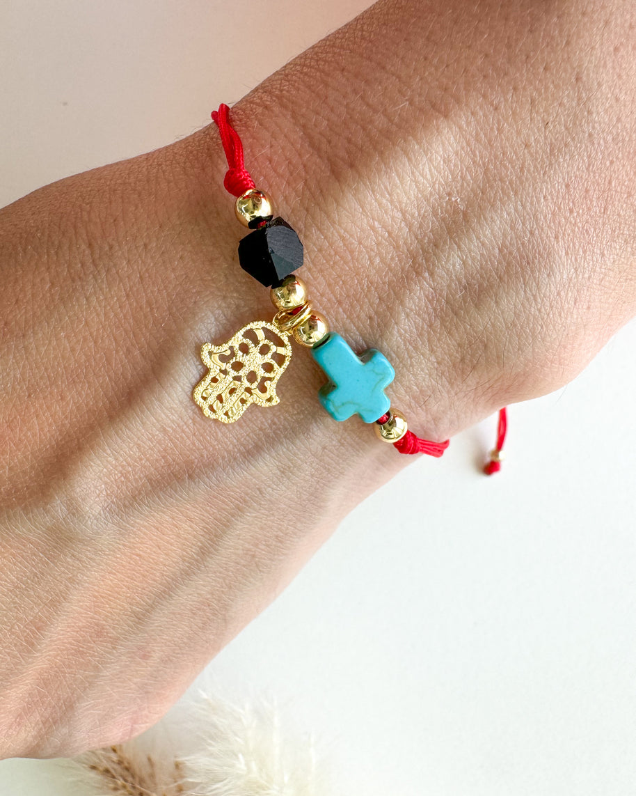 Red Azabache Bracelet with Hand and Cross charm