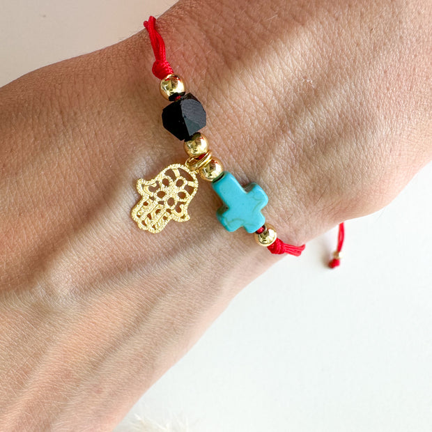 Red Azabache Bracelet with Hand and Cross charm