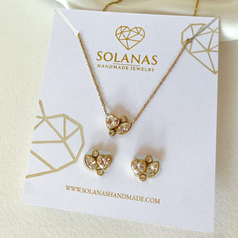Golden Zircons Heart Style Necklace or Earrings