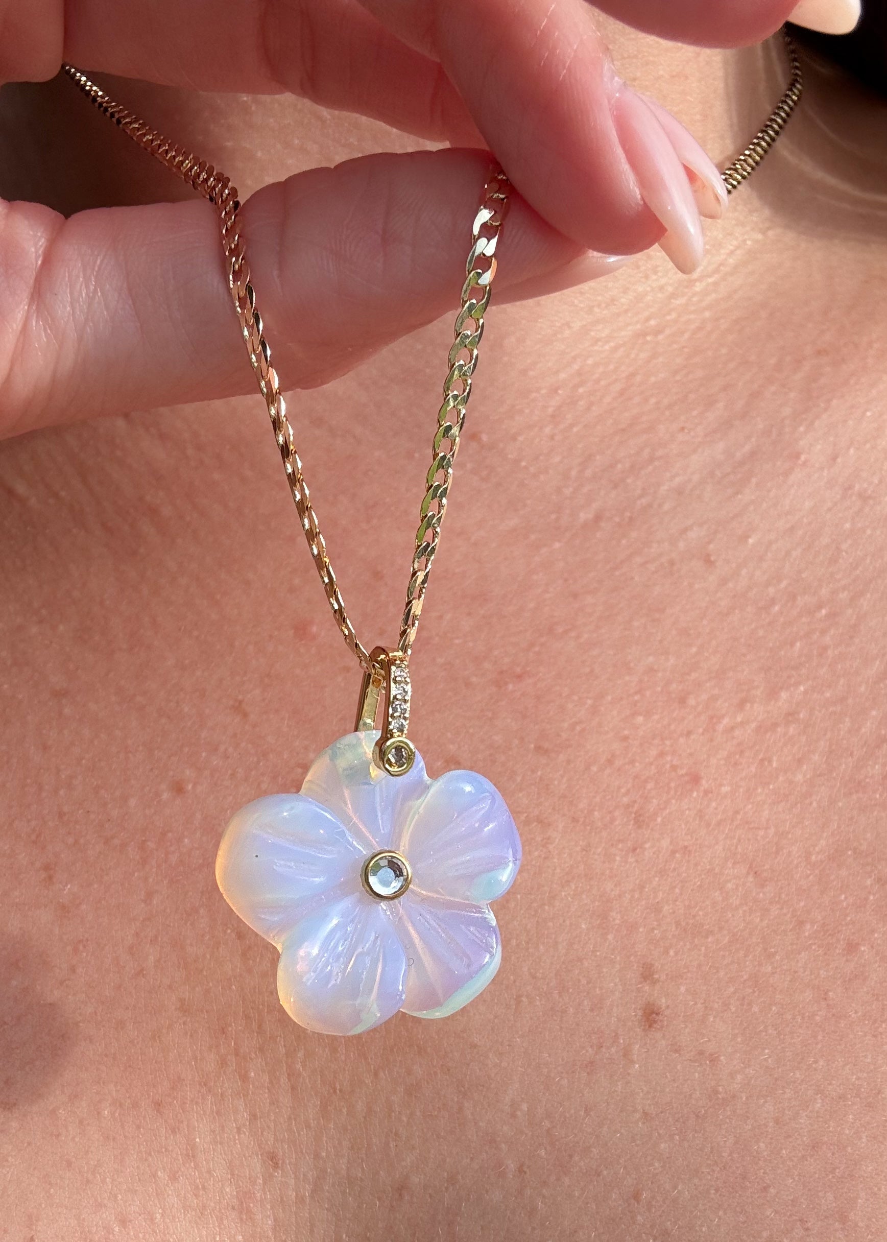 Opal Flower Crystal Stone Charm Necklace