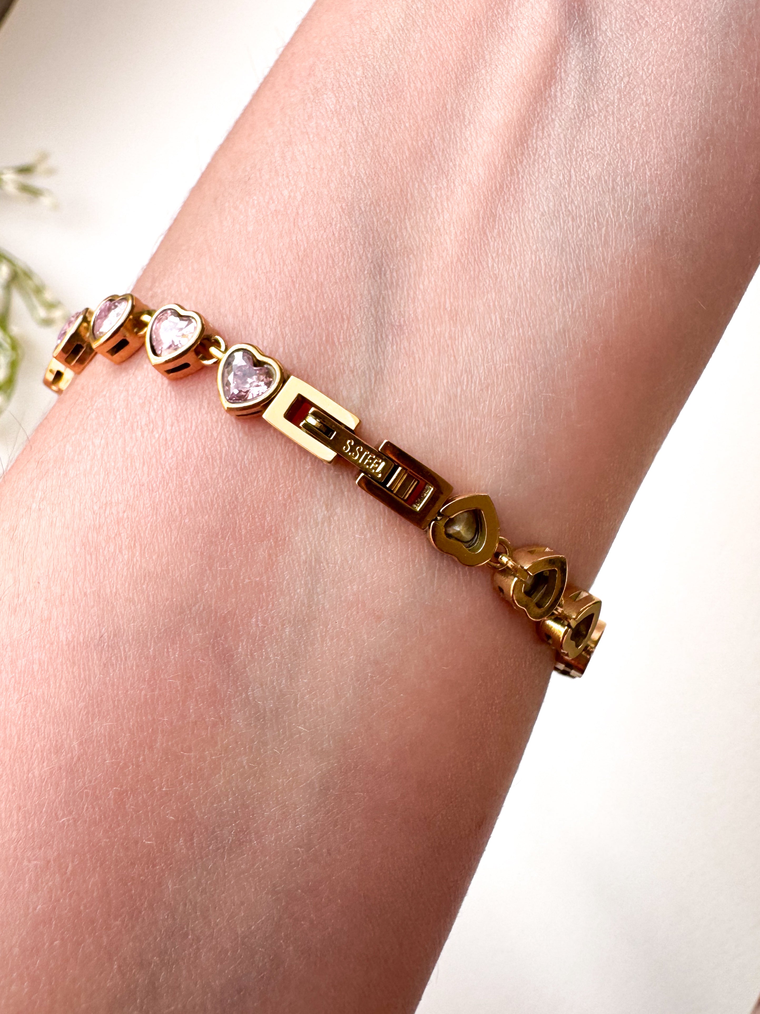 Golden & Pink Little Hearts Pattern Steel Bracelet