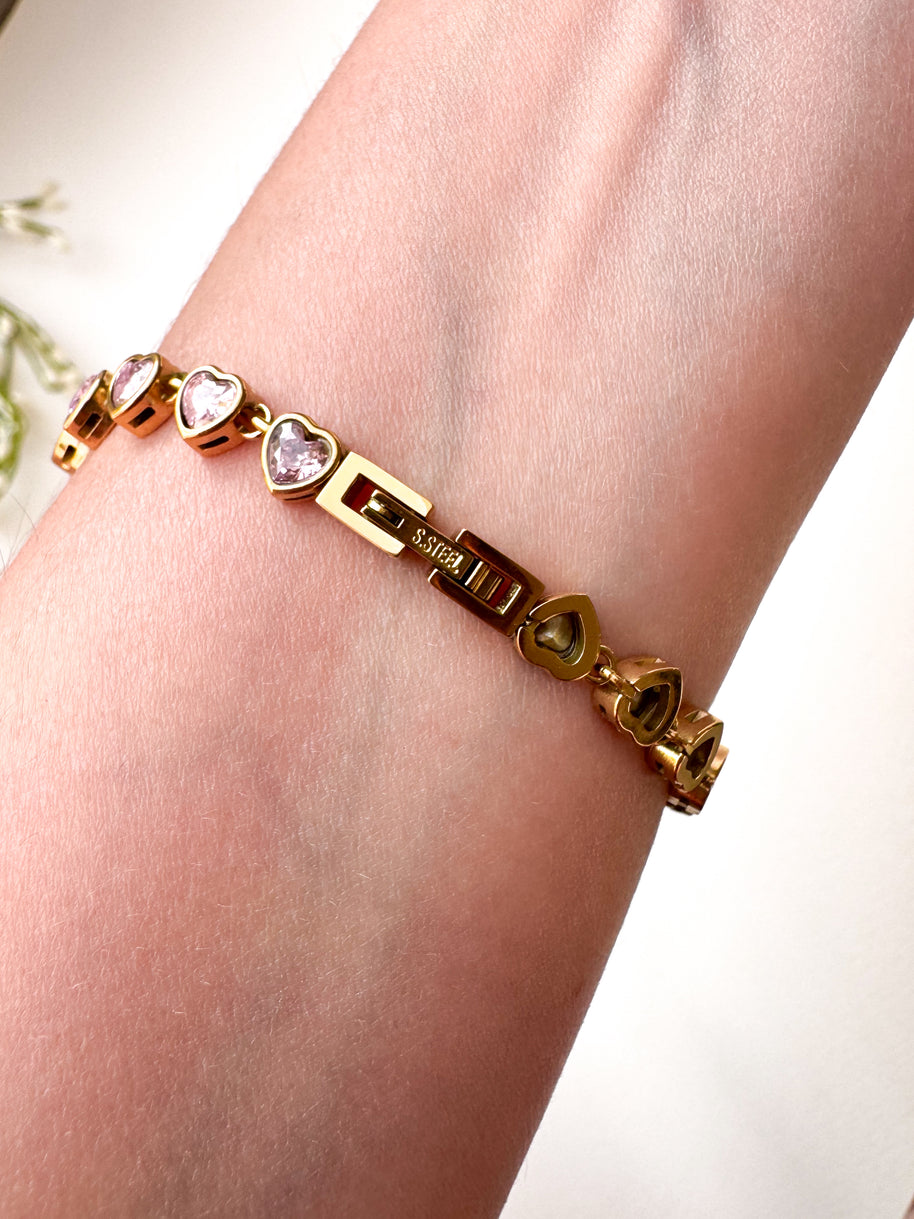 Golden & Pink Little Hearts Pattern Steel Bracelet
