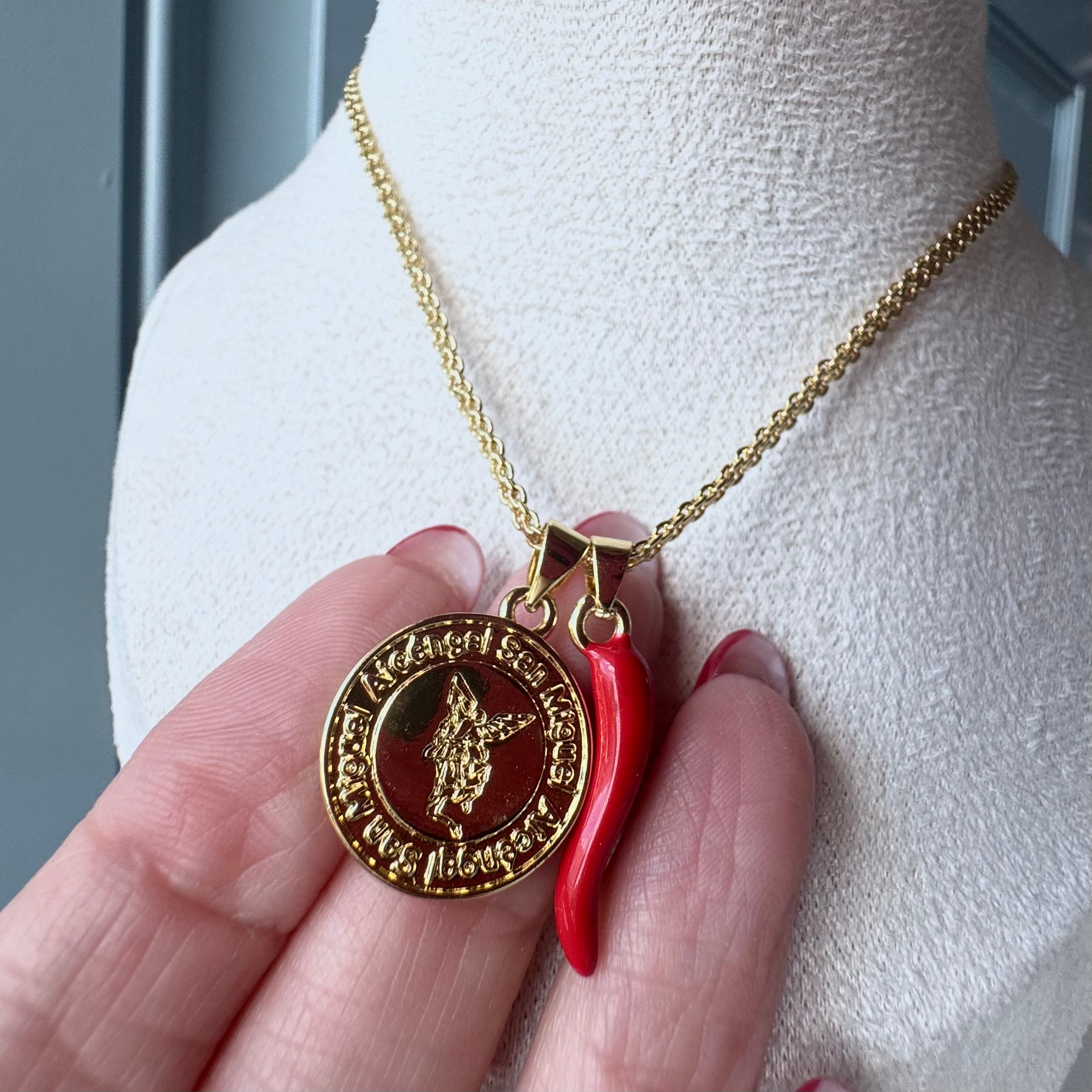 St Miguel Arcangel Medal and Red Horn Chinese Fabric Chain Necklace