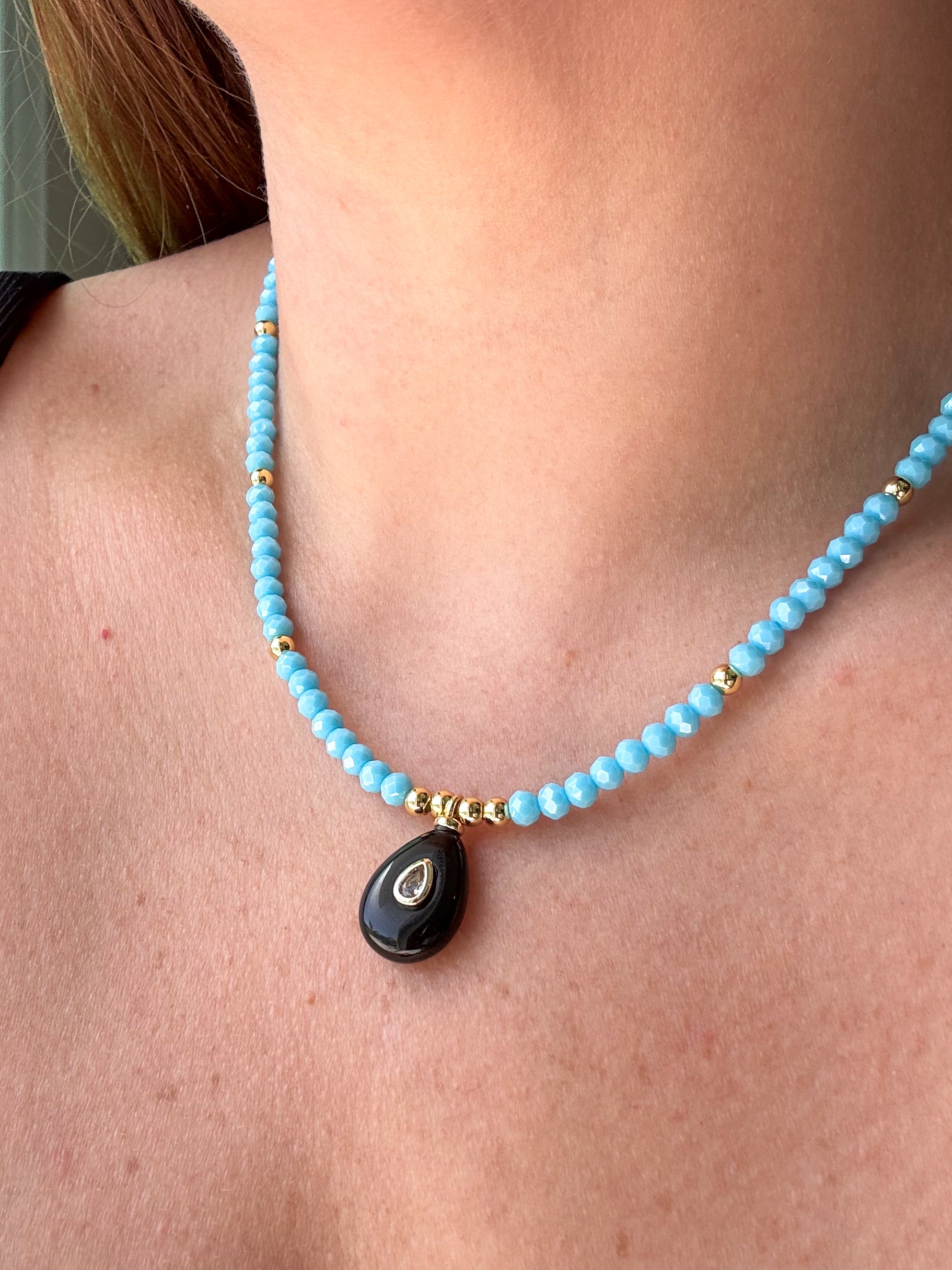 Black Onyx Oval Blue Beads Necklace