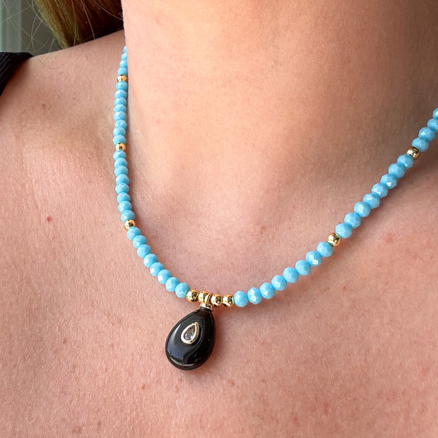 Black Onyx Oval Blue Beads Necklace