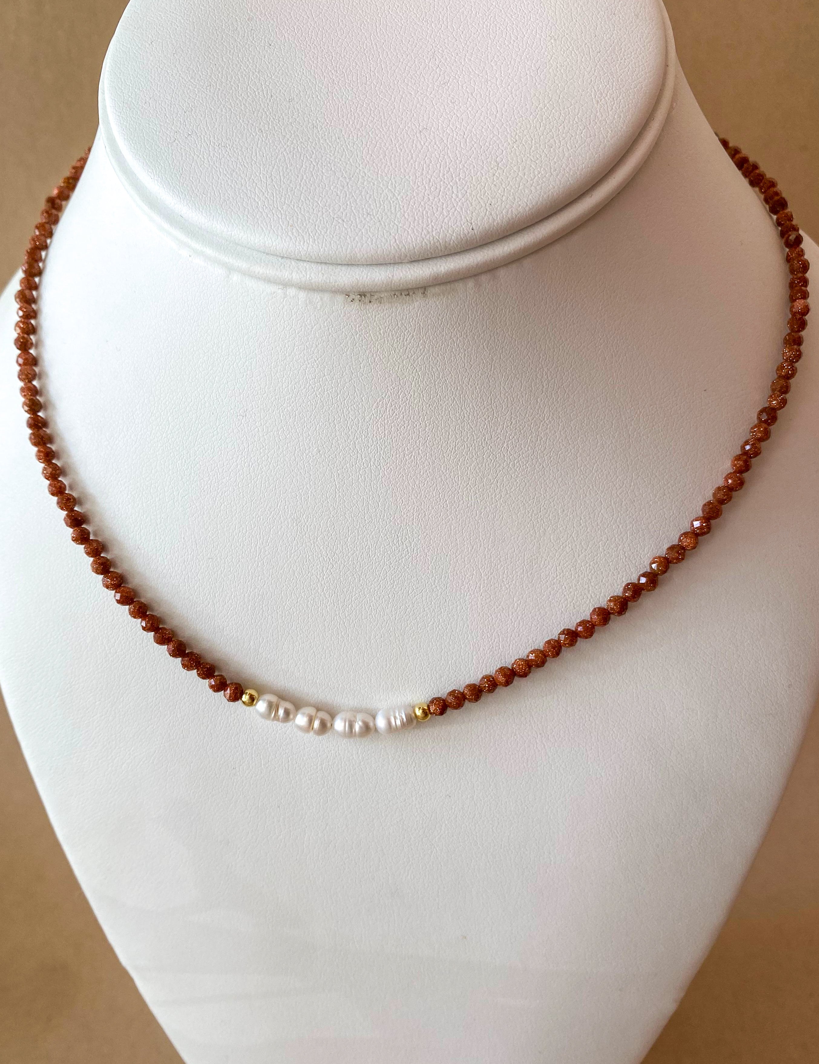 Brown Little Shiny Crystals Pearl & Golden Necklaces