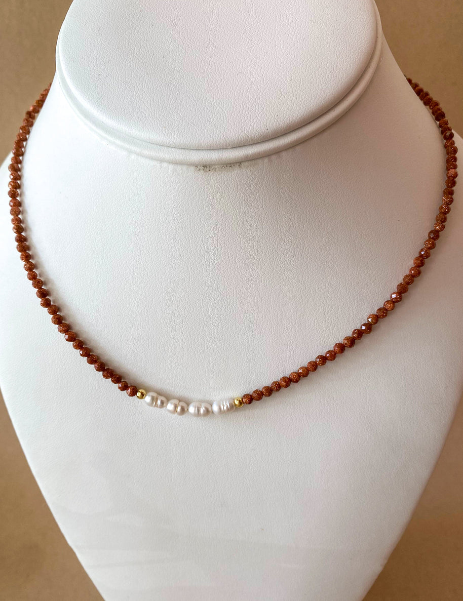 Brown Little Shiny Crystals Pearl & Golden Necklaces