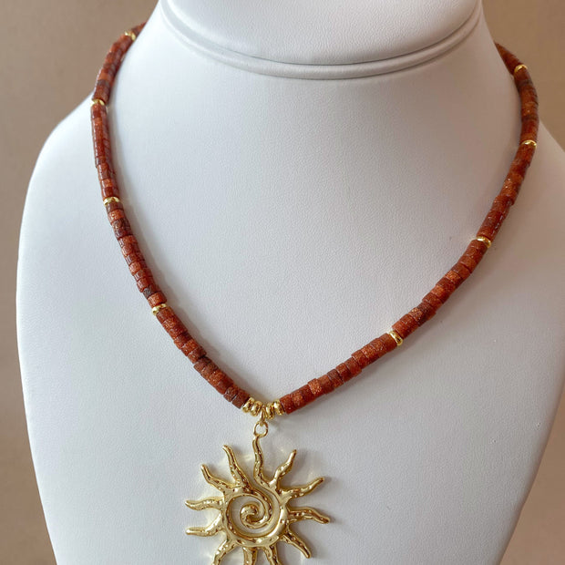 Big Golden Sun in a Brown Goldstone Necklace
