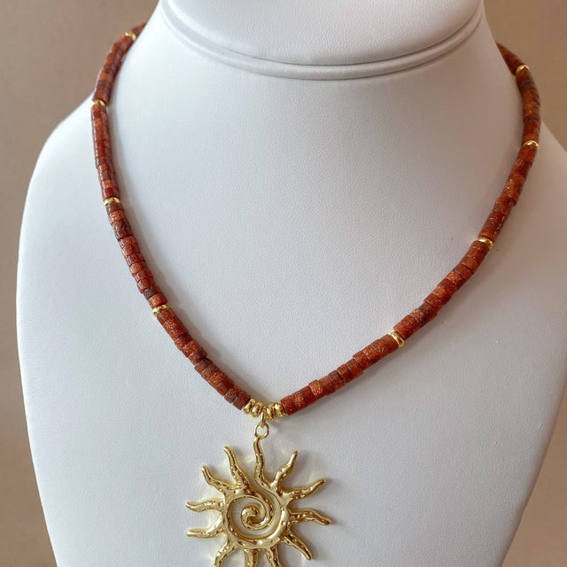 Big Golden Sun in a Brown Goldstone Necklace