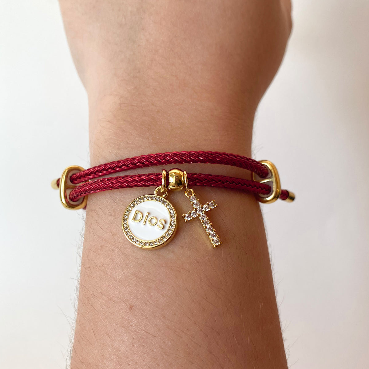 White Dios and Zircon Cross in Red Cord Adjustable Bracelet