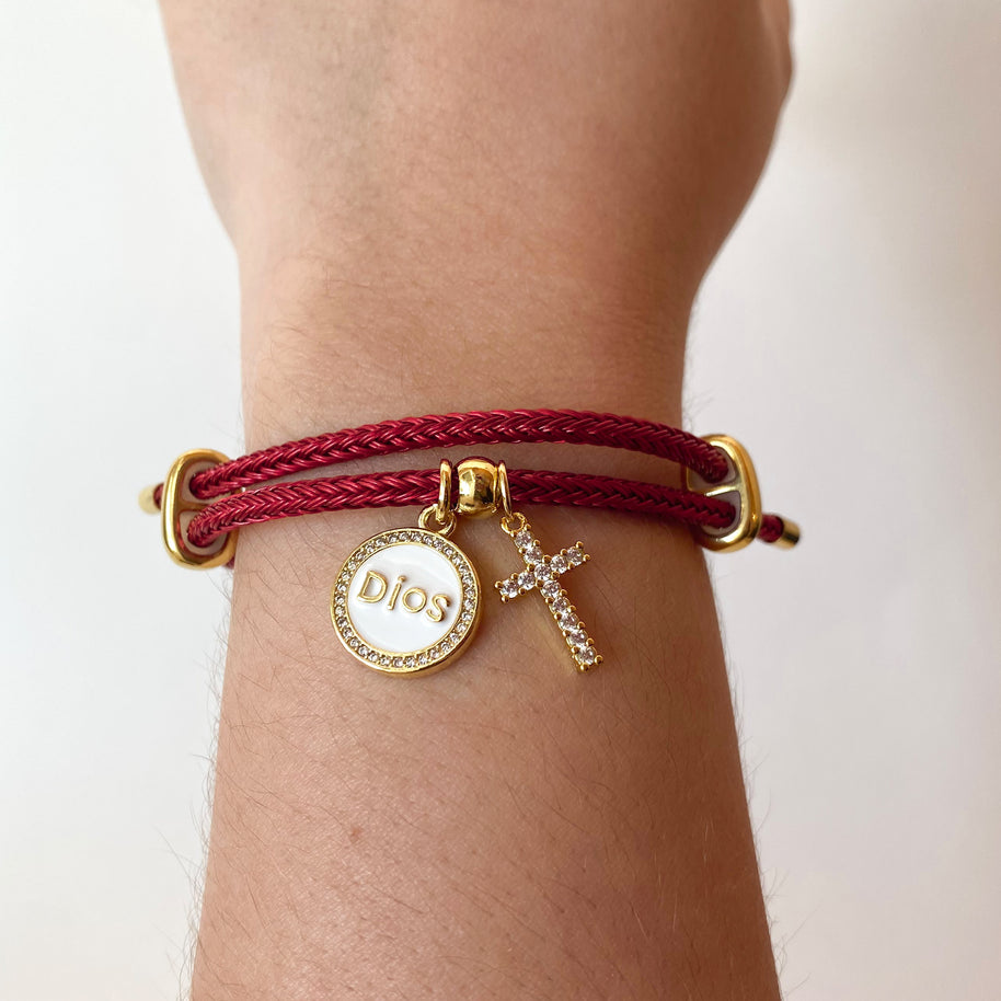 White Dios and Zircon Cross in Red Cord Adjustable Bracelet