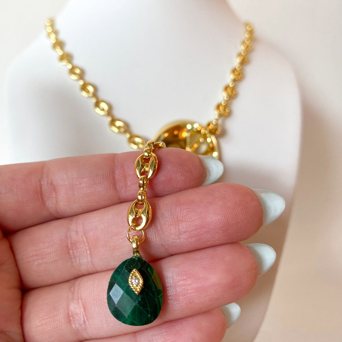 Coffee Grain & Green Bead Long Y Necklace
