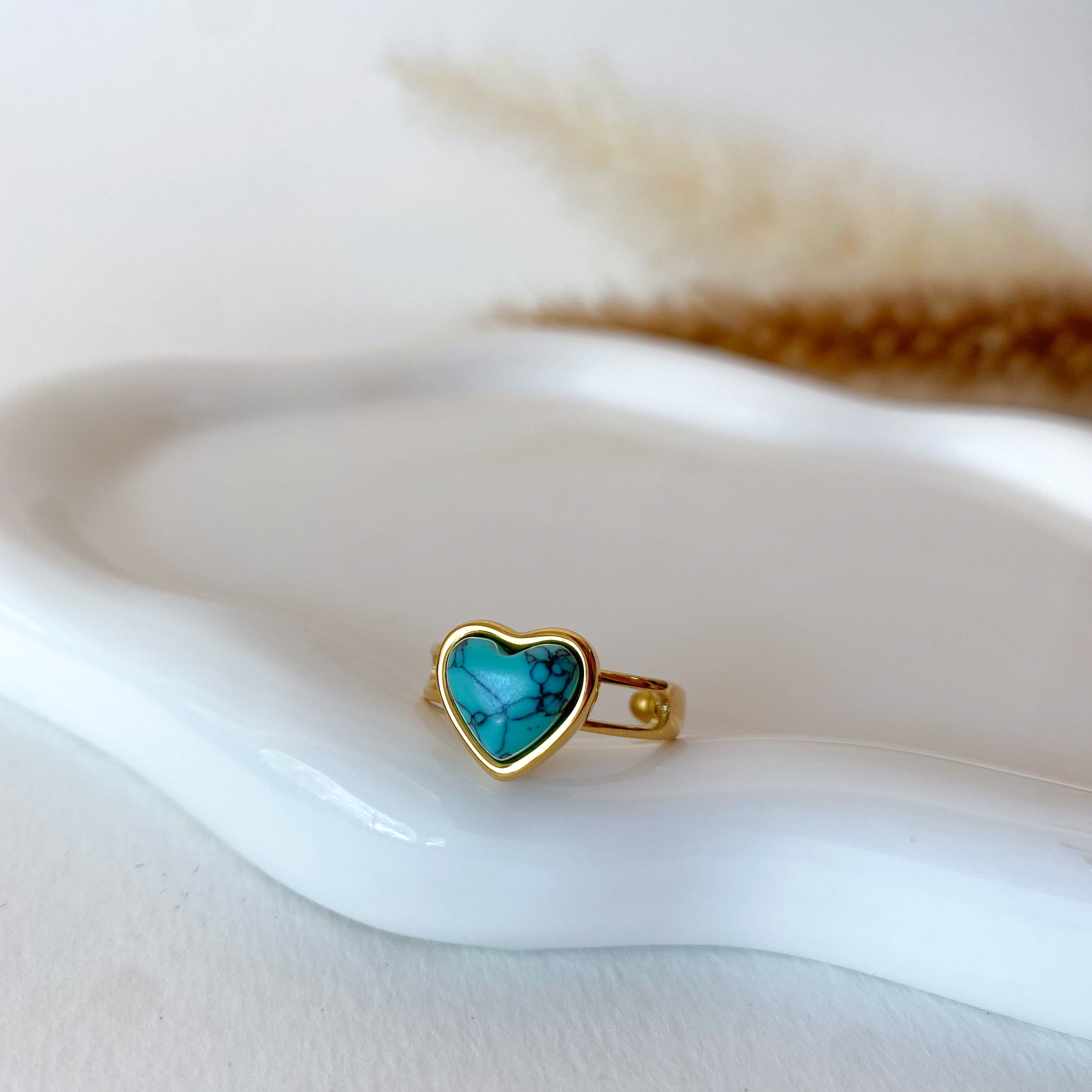 Turquoise Heart Golden Steel Adjustable Ring