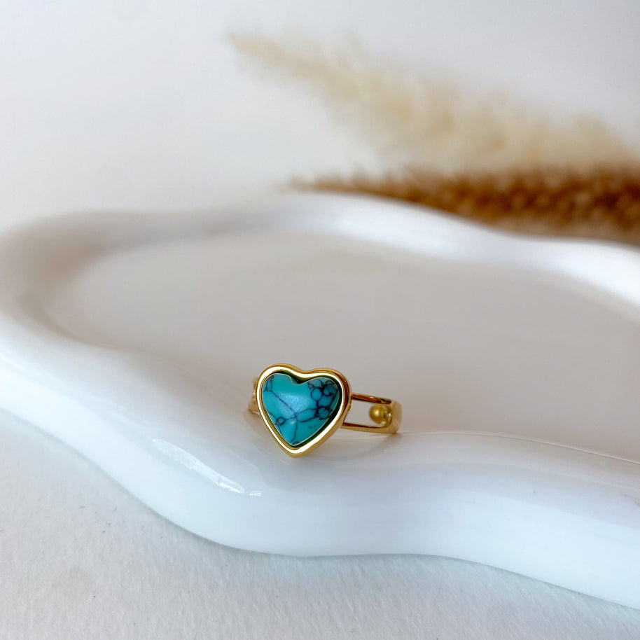 Turquoise Heart Golden Steel Adjustable Ring