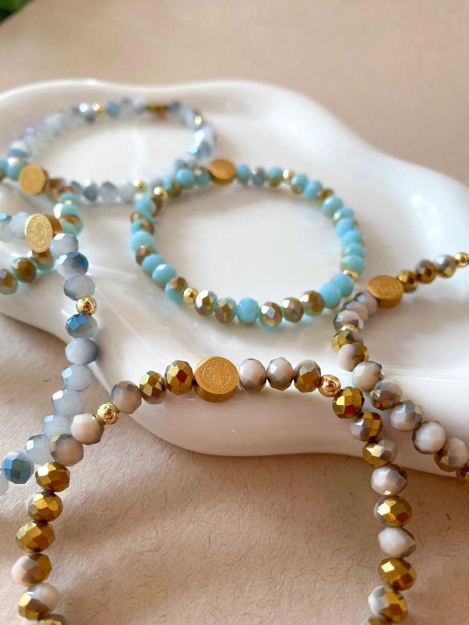 Elastic Crystal Blue, Turquoise and Brown Steel St. Benedict Bracelets