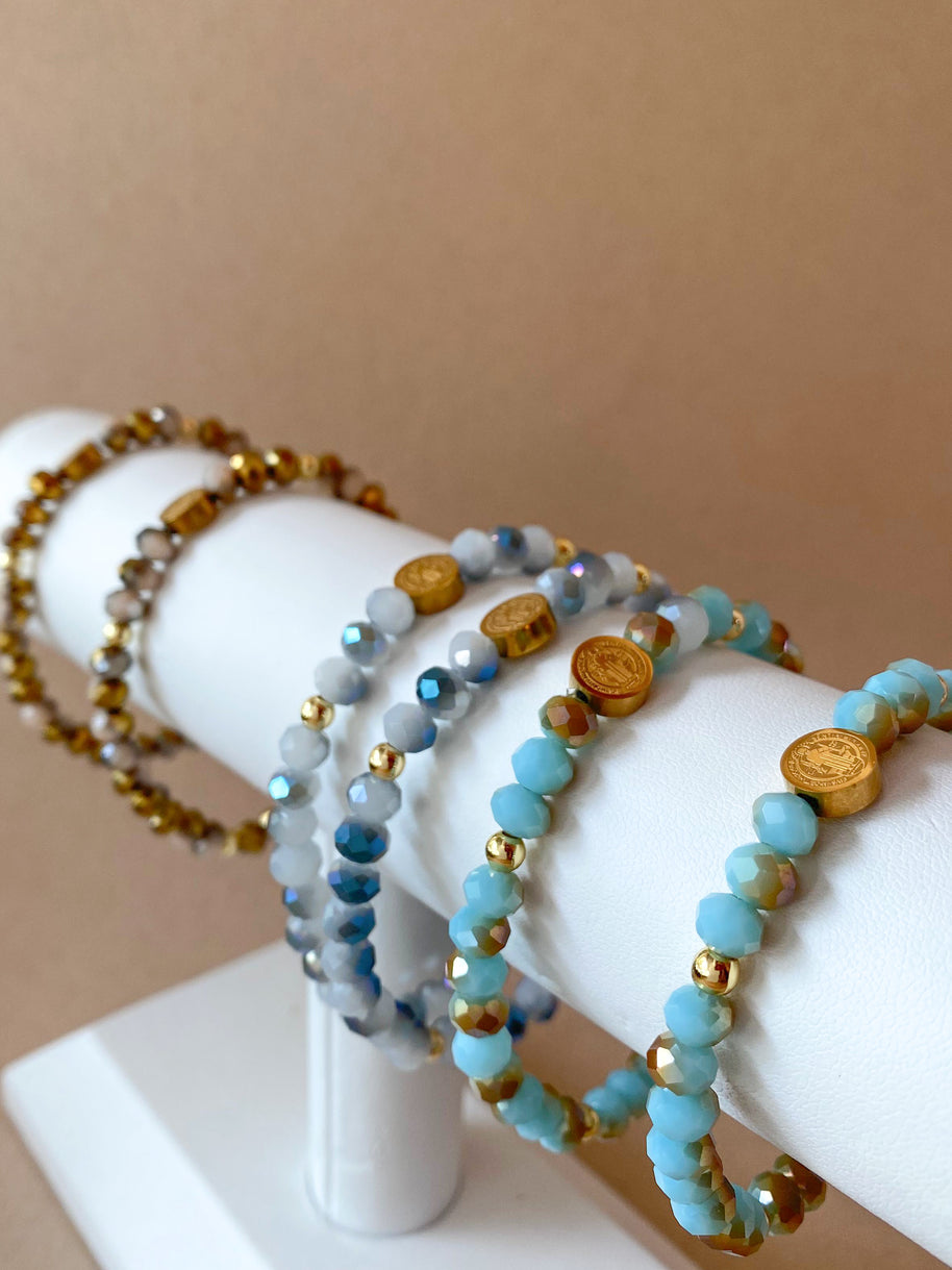 Elastic Crystal Blue, Turquoise and Brown Steel St. Benedict Bracelets
