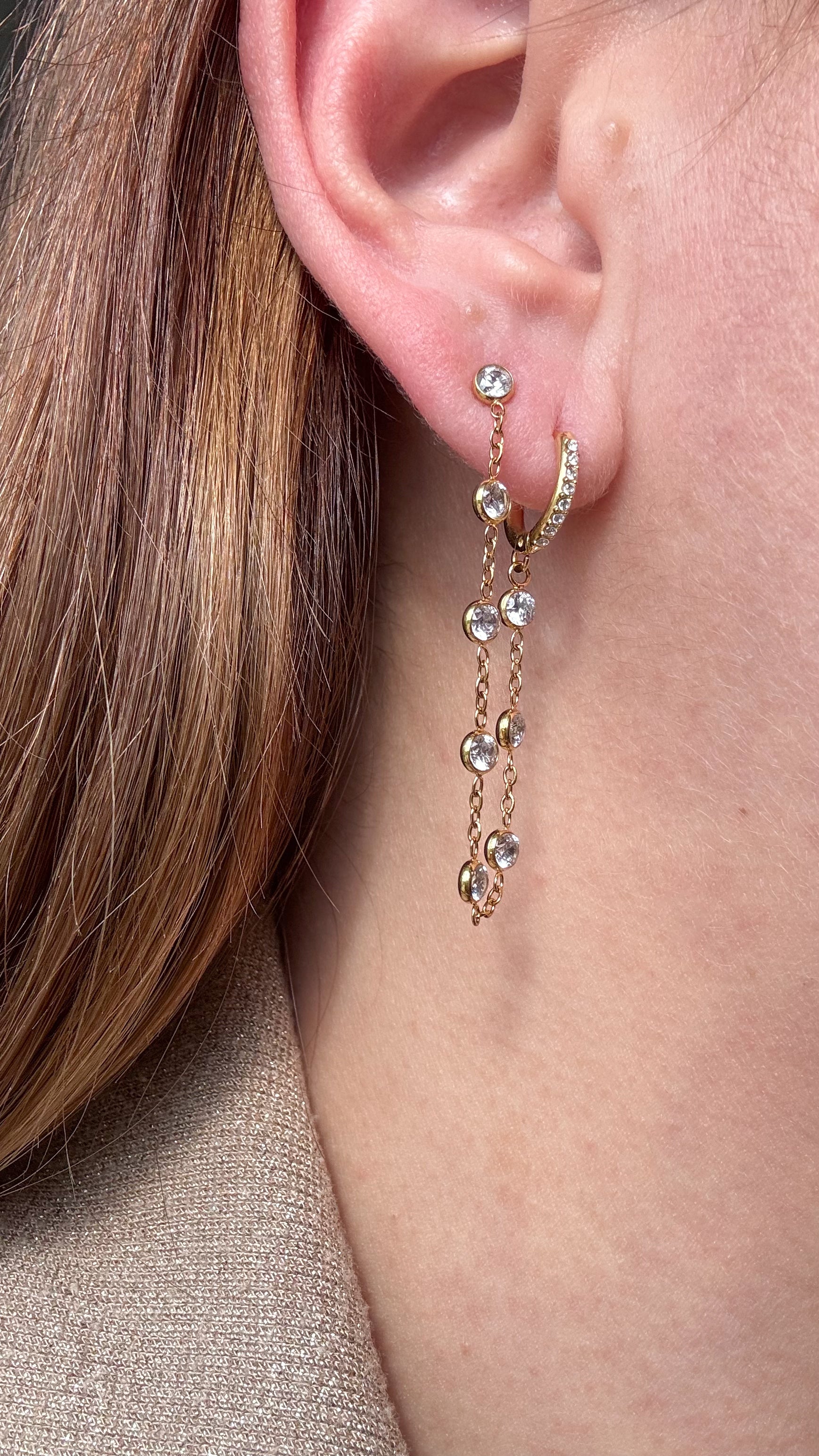 Large 2 Hoops Style Crystal Clear Steel Earrings