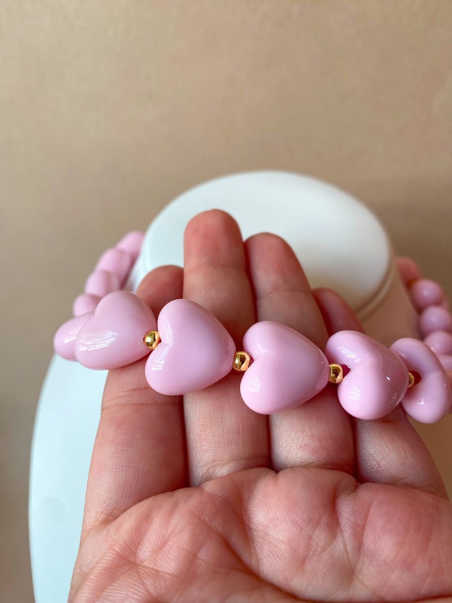 Pink Ceramic Hearts Pattern Necklace