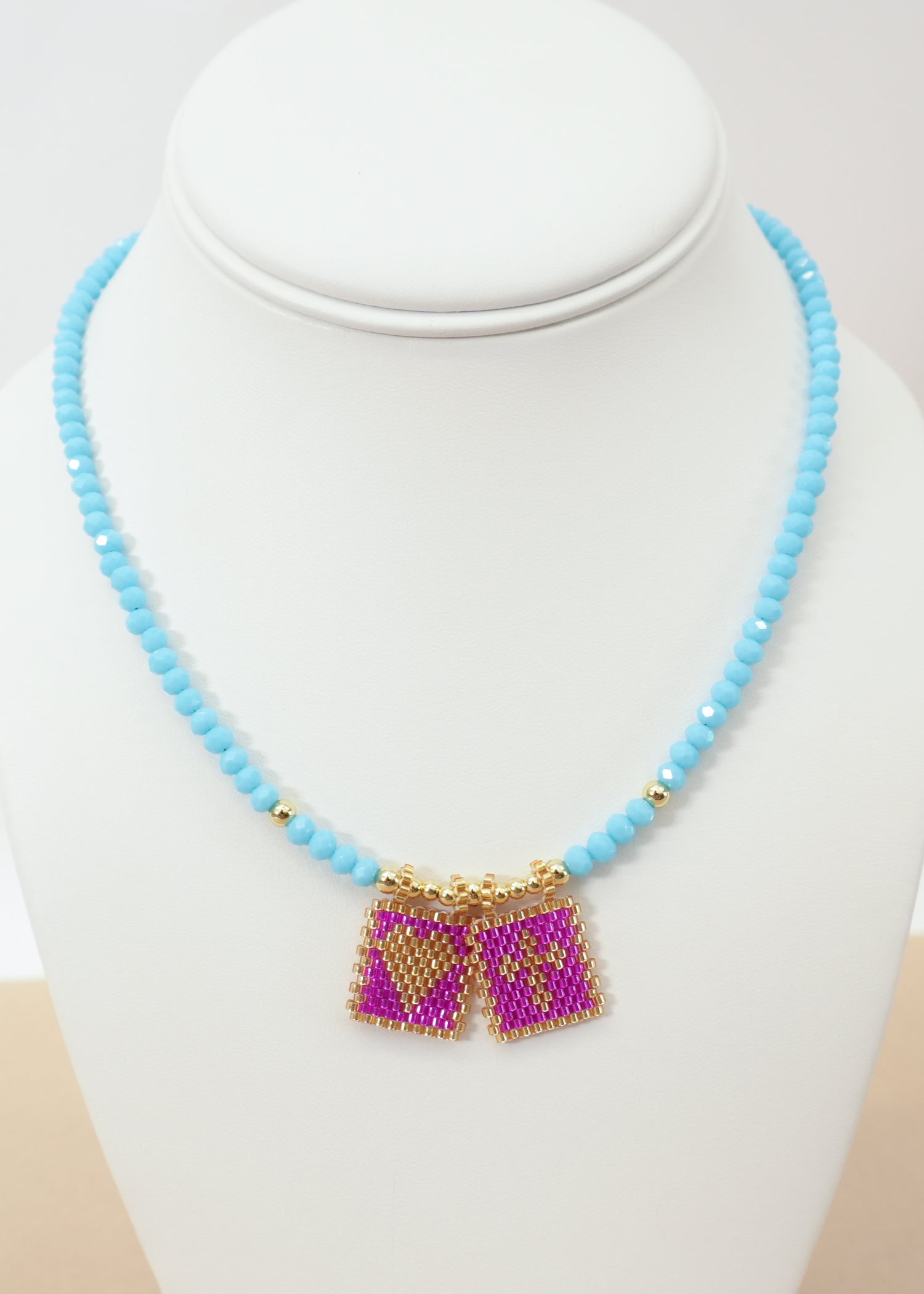 Blue Crystals Pink Scapular Necklace