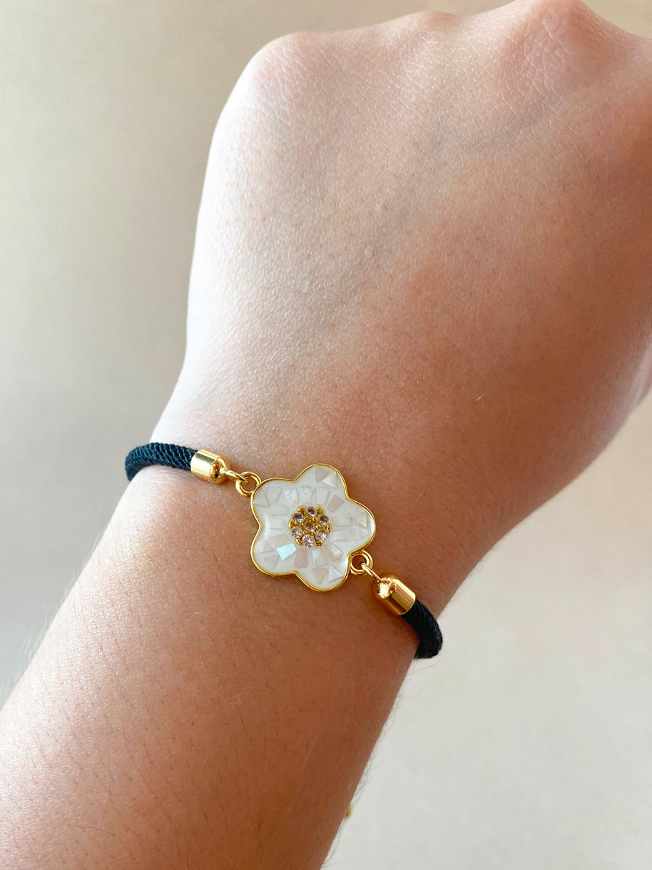 White Flower Black Adjustable Bracelet