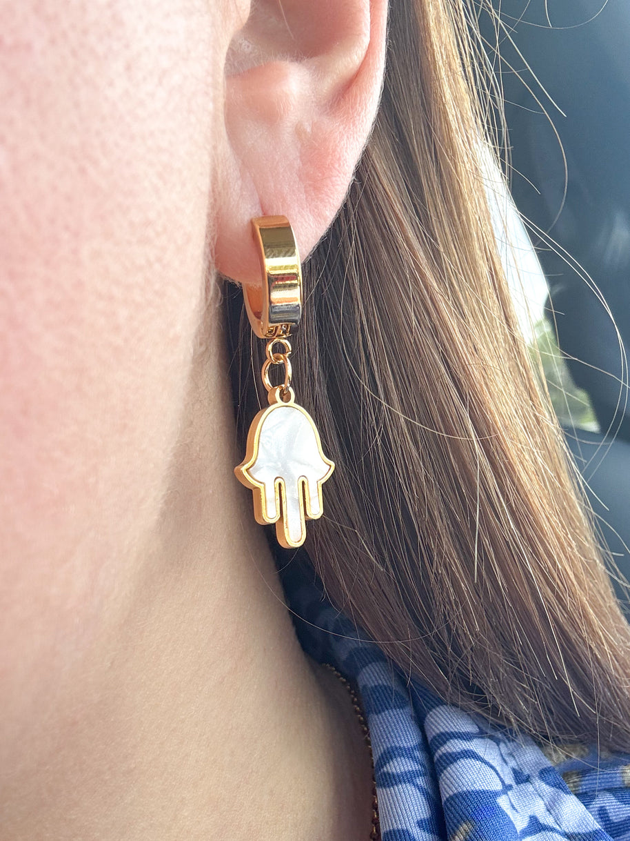 Hamsa 🪬 Mother Of Pearl Steel Hoops