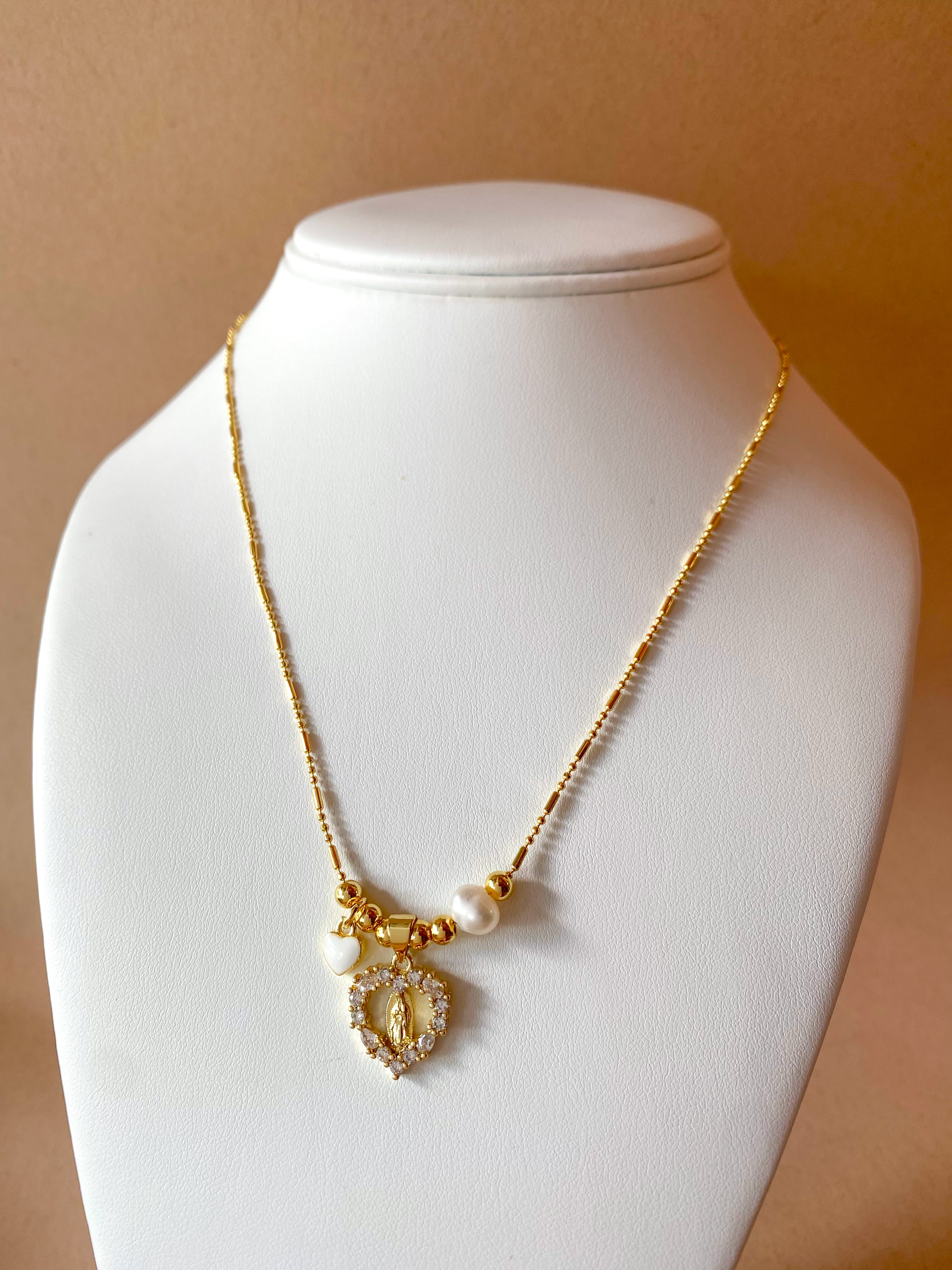Guadalupe Virgin Crystal Heart Medal Adjustable Necklace