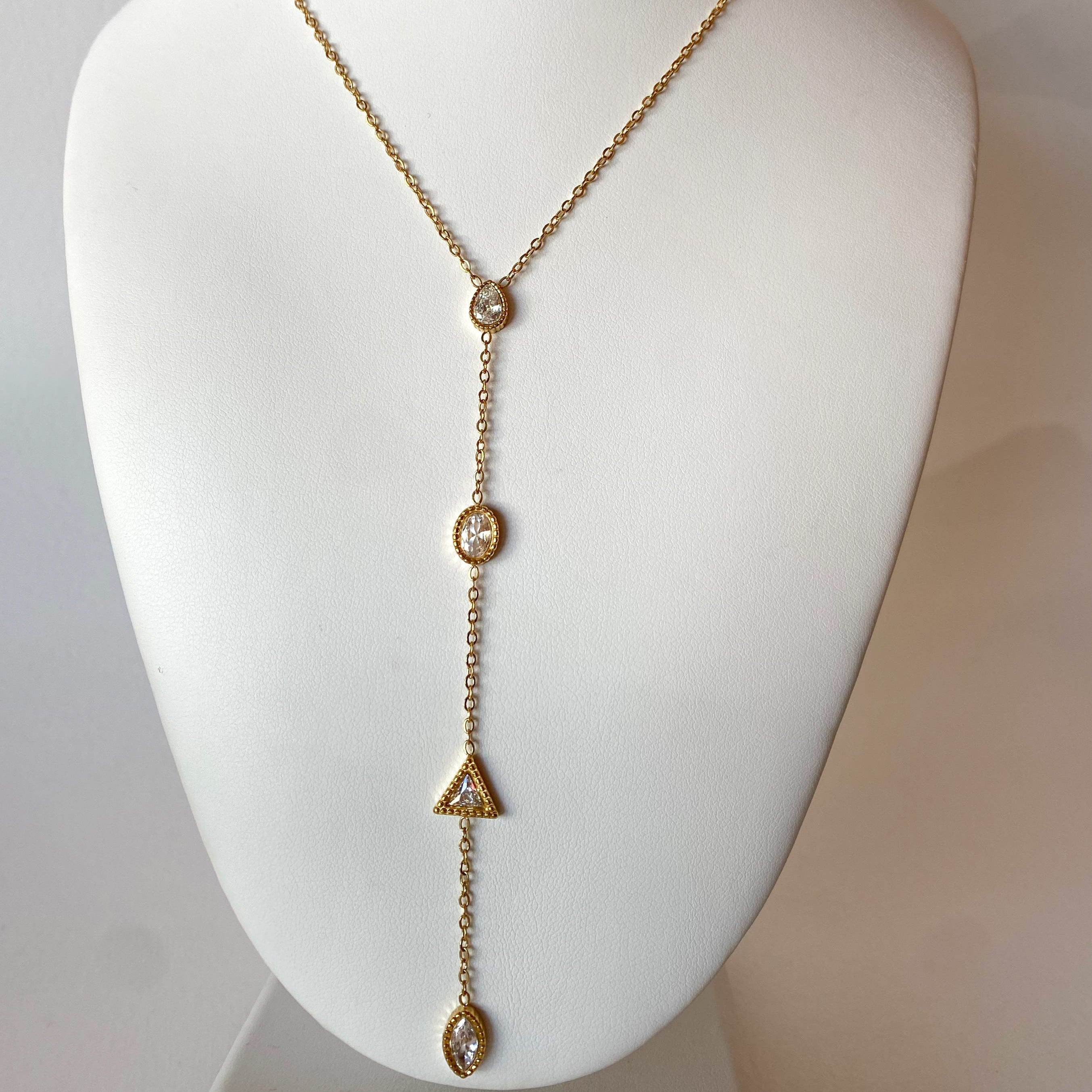 Gold Steel Long Y Drop Necklace with Zirconia