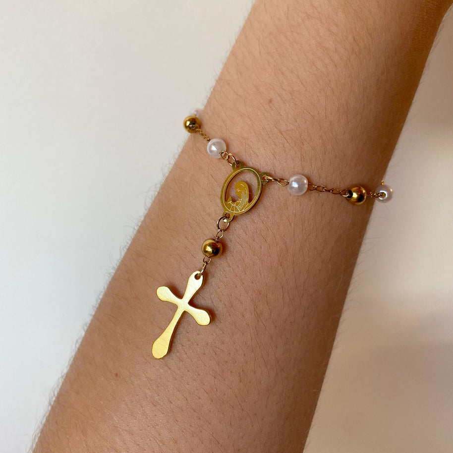 Golden Steel and Pearls Cross and Prayer Virgin Rosary Bracelet