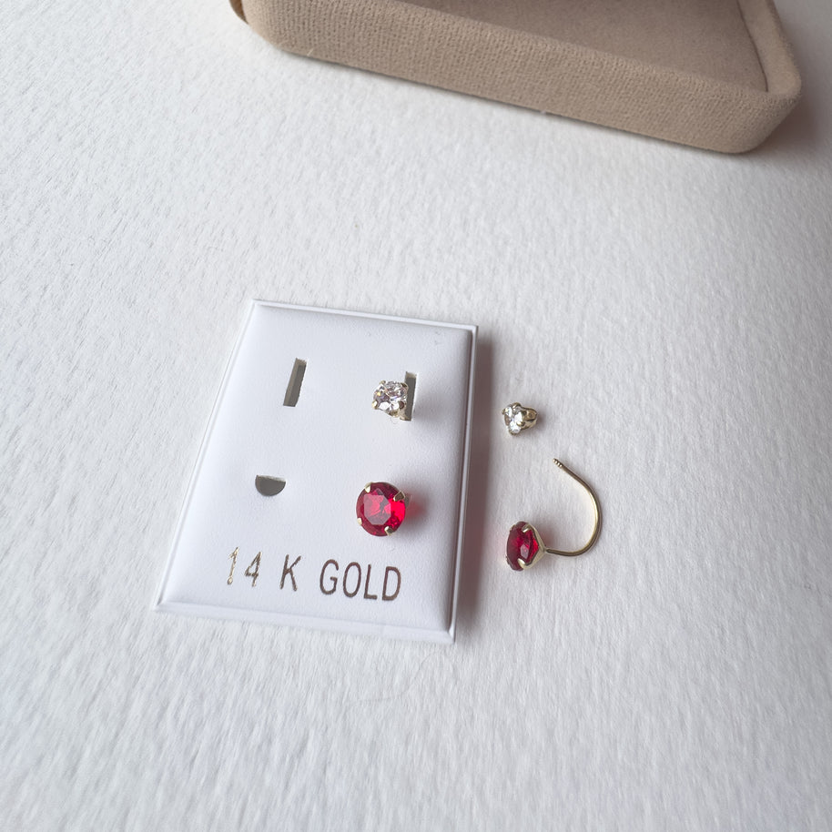 Red and Clear 2 in 1 Double 14K Solid Gold Earrings