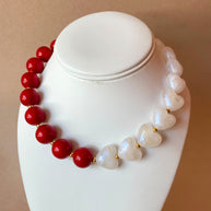 Red and White Shiny Ceramic Hearts and Balls Pattern Necklace
