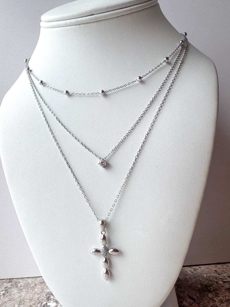 3 Layer Silver Cross Necklace
