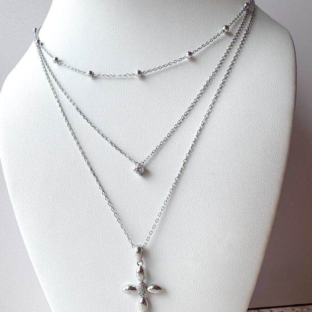 3 Layer Silver Cross Necklace