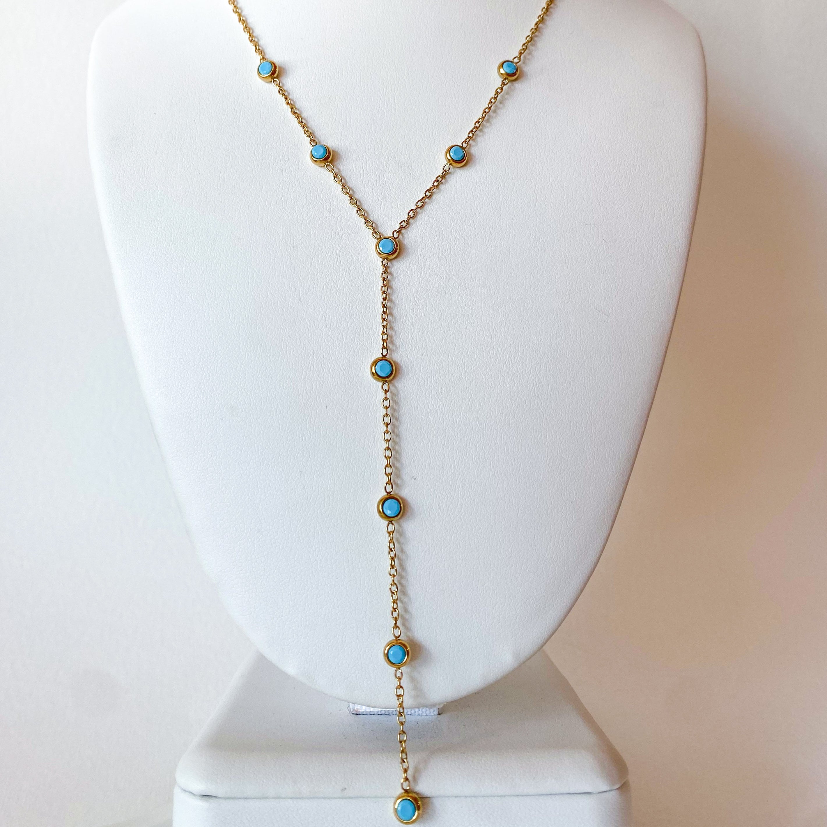 Blue Drop Y Style Steel Necklace