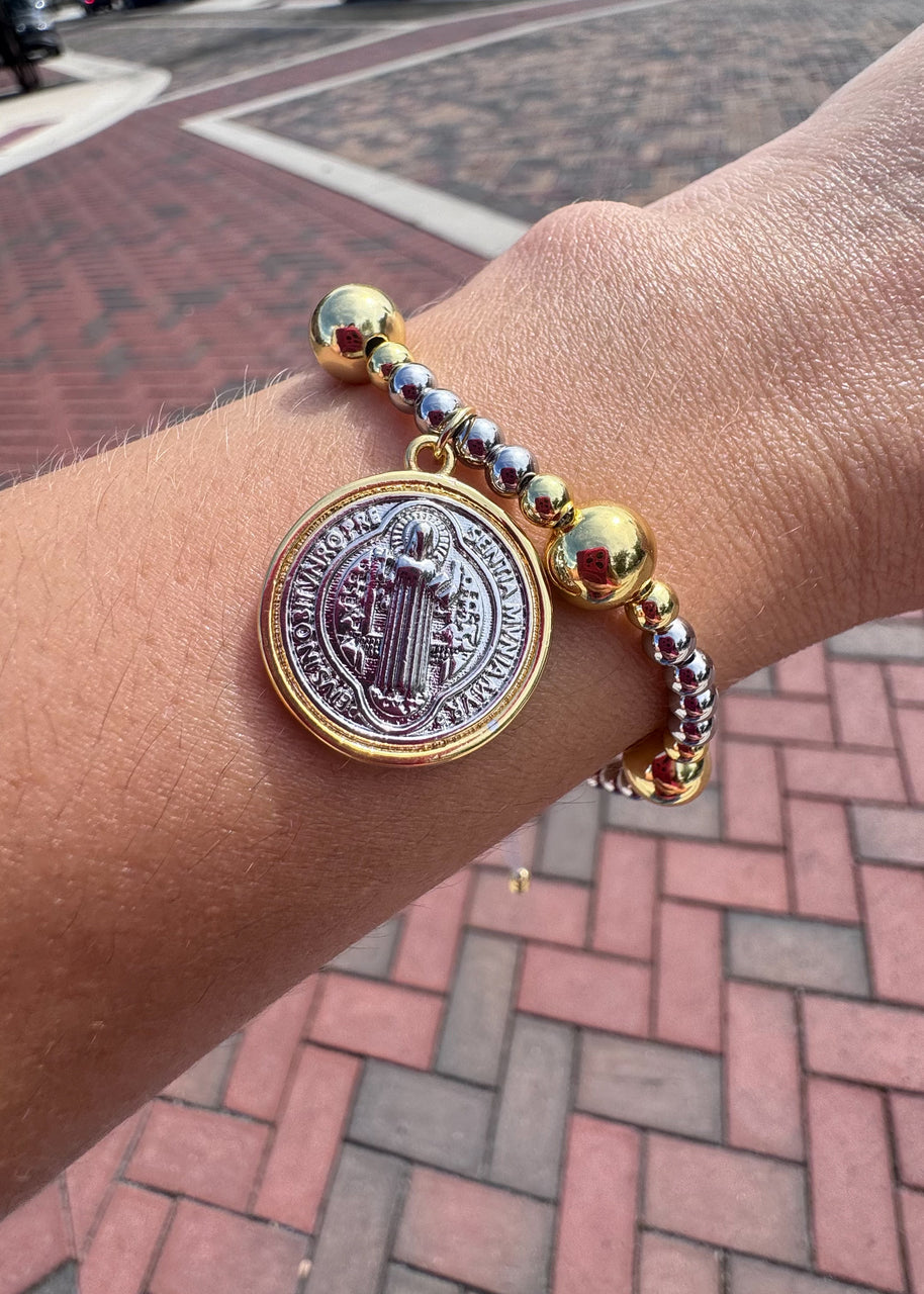 Silver and Gold St Benedict Balls Adjustable Bracelet