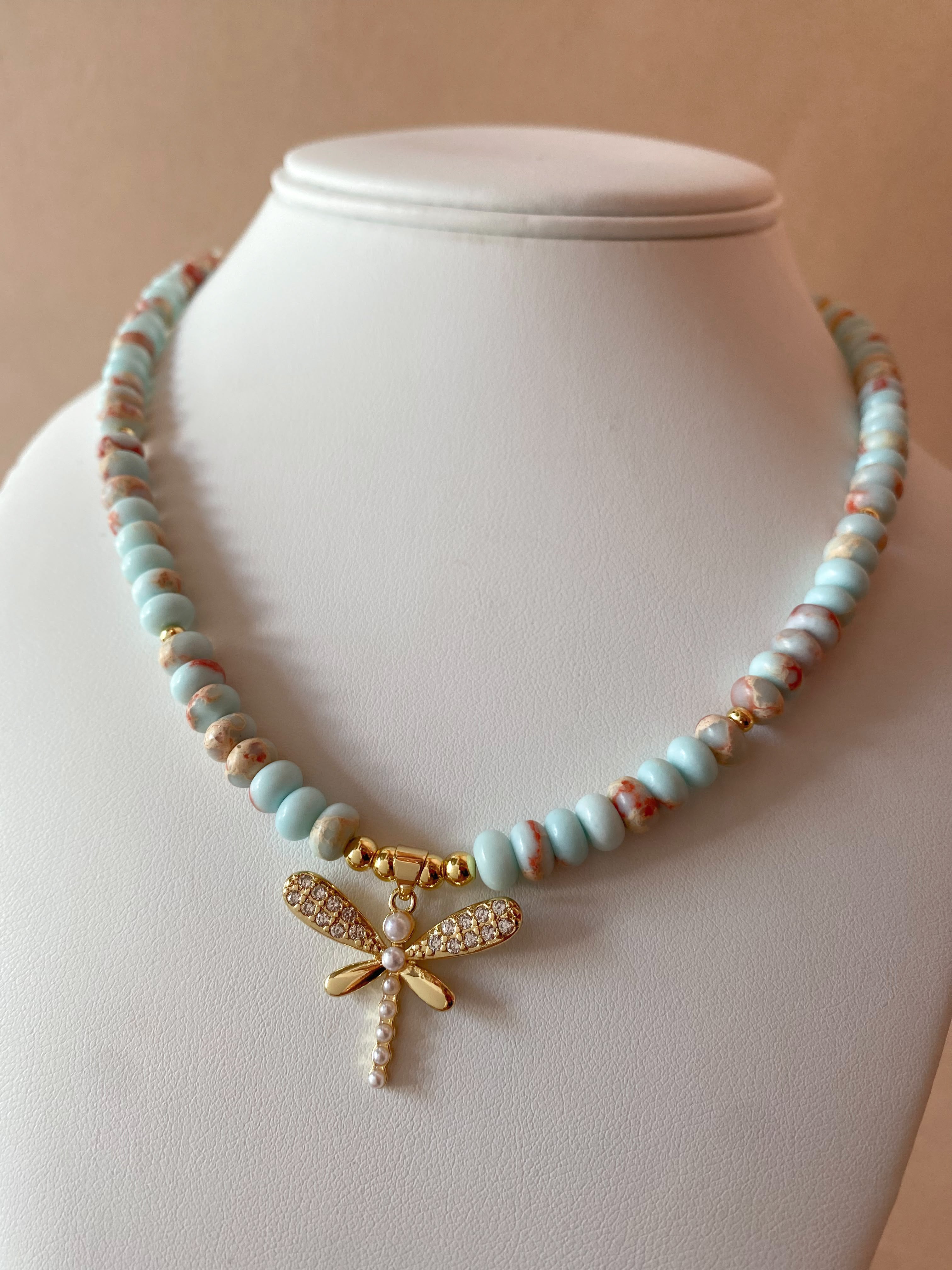 Dragonfly in Light Blue Beads Necklace