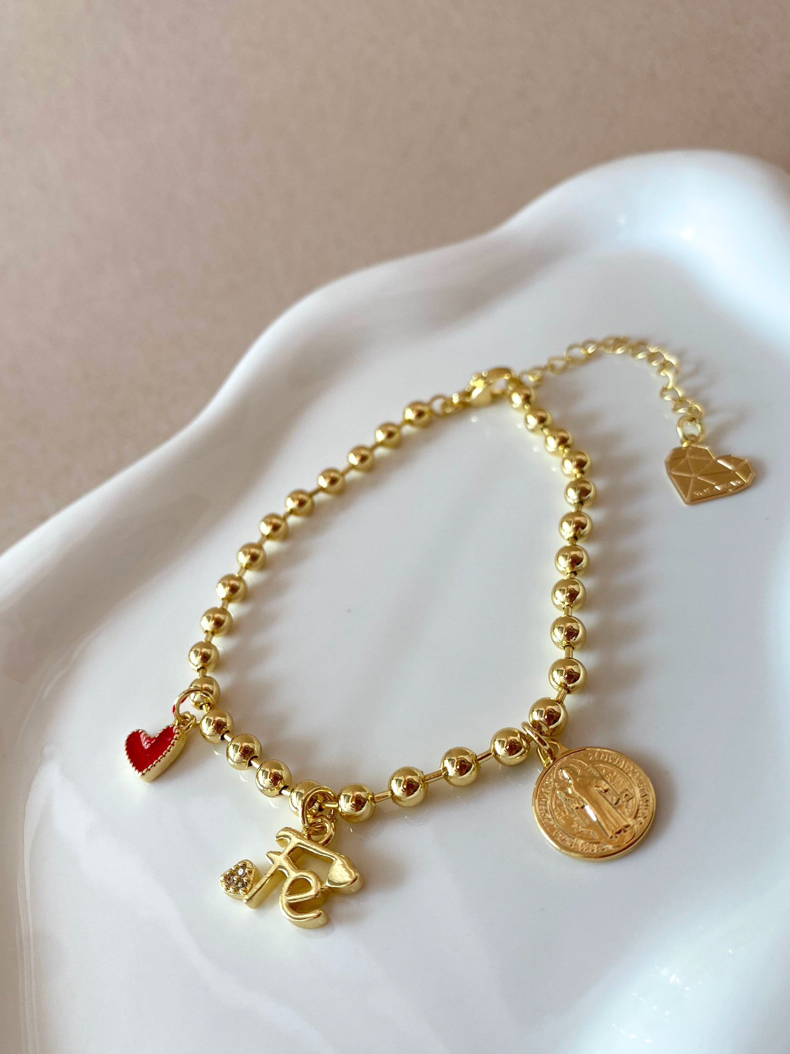 Faith, Red Heart and St Benedict Charms Bracelet