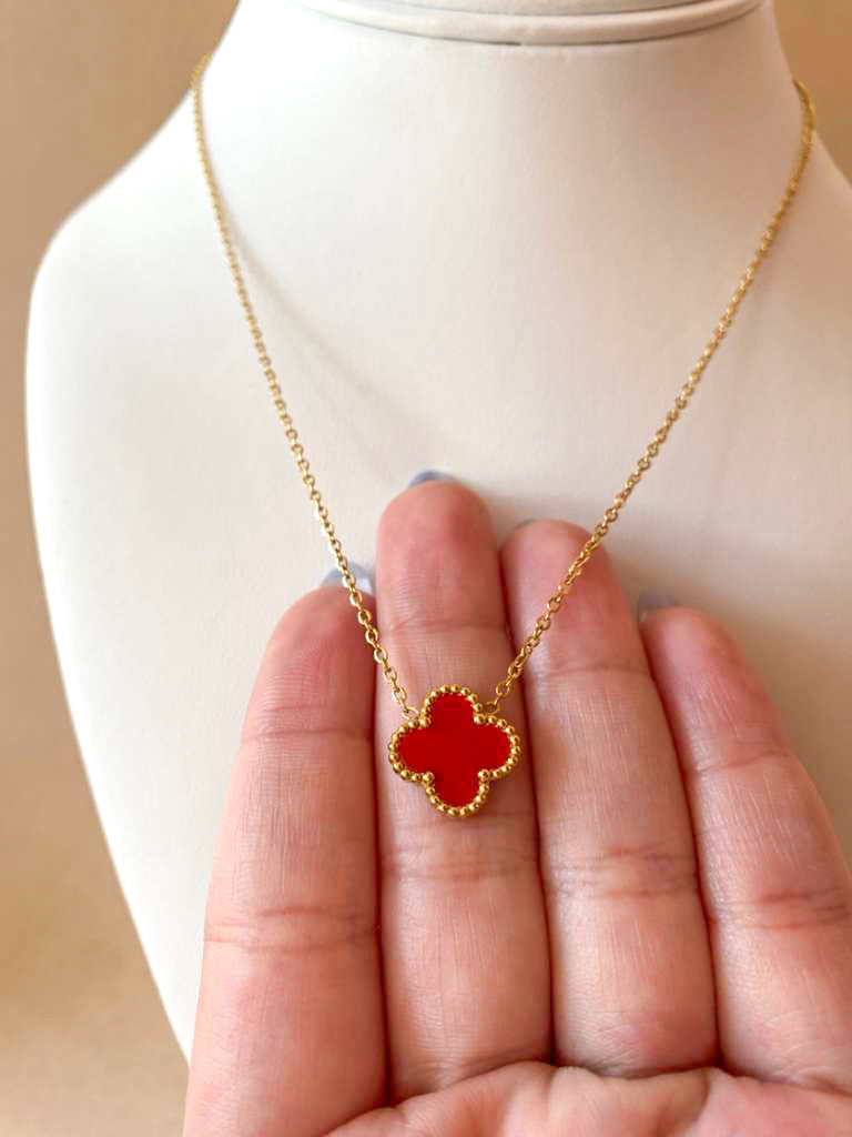Red and White Clover Stainless Steel Necklaces