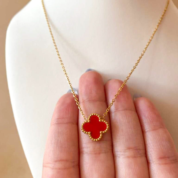 Red and White Clover Stainless Steel Necklaces