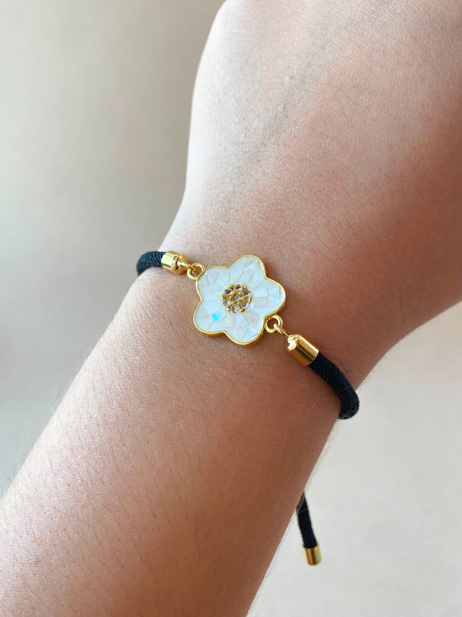 White Flower Black Adjustable Bracelet