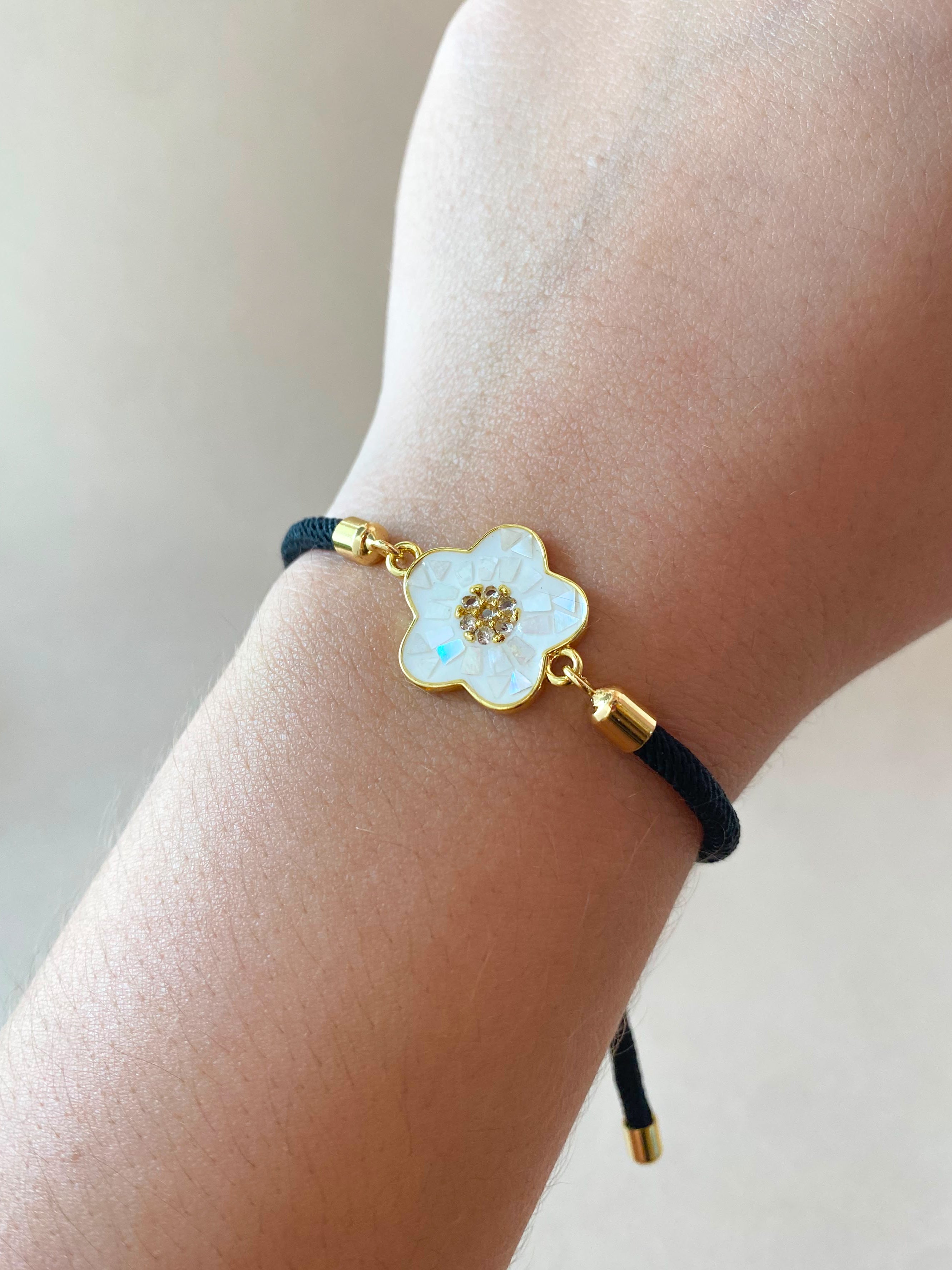 White Flower Black Adjustable Bracelet