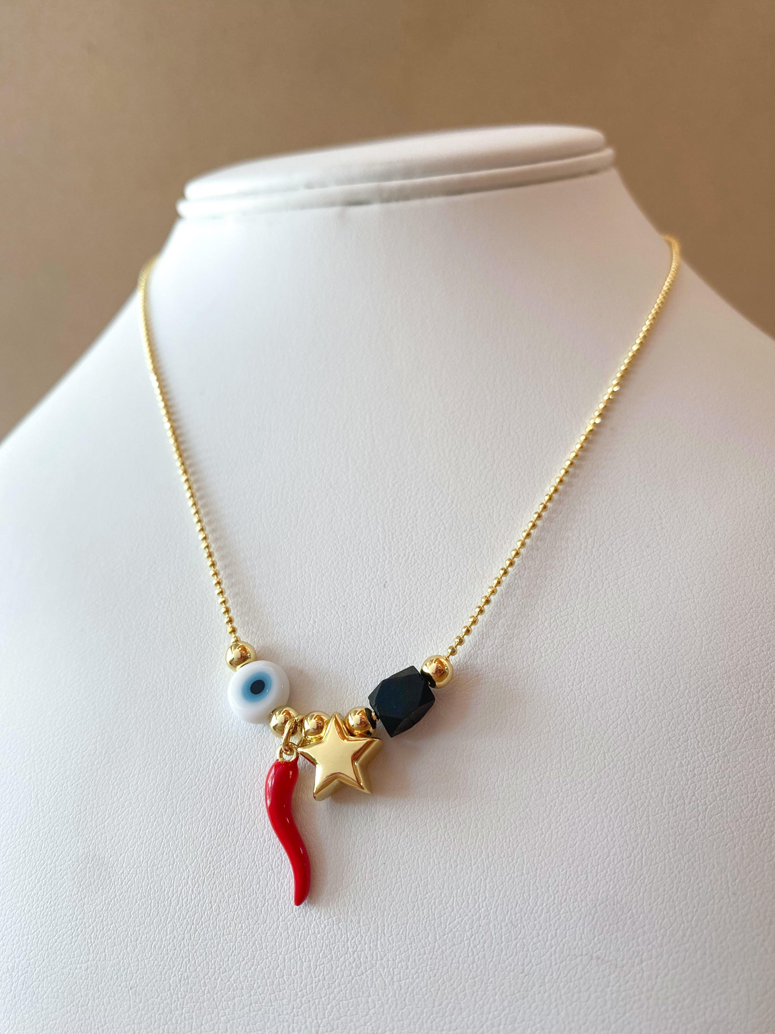 Little Star, Red Horn, Evil Eye and Azabache Style Necklace