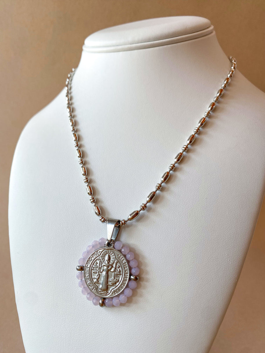 Silver St. Benedict Crystal Medal Necklaces